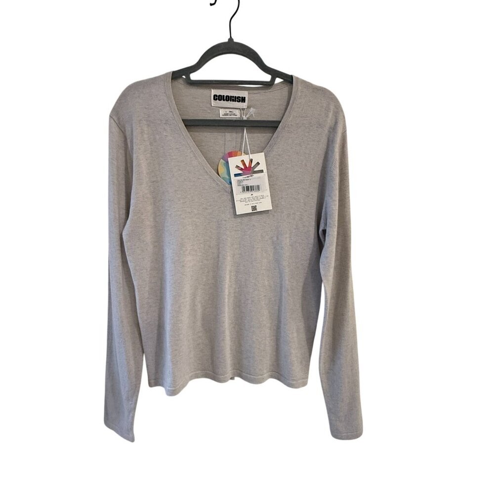 Colorush Size S V-Neck Lightweight Sweater Cotton Silk Cashmere Pebble Gray